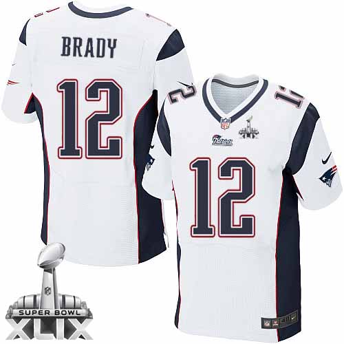 Men's Elite Tom Brady Super Bowl XLIX Nike Jersey White Road - #12 NFL New England Patriots